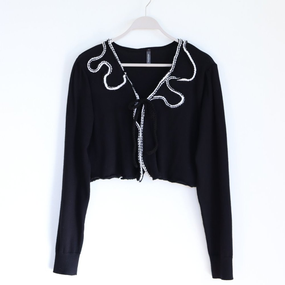 Black and White Massini Cardigan with Hand Embroidered Ties - LARGE